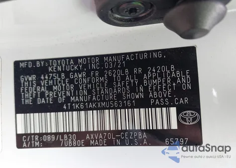 2021 Toyota Camry Xse z USA, uszkodzony, nr VIN 4T1K61AKXMU563161